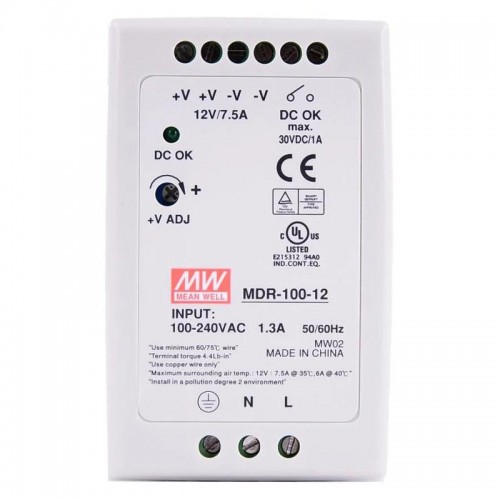MeanWell® MDR-100-12 100W 12VDC 7.5A 115/230VAC DINレール電源