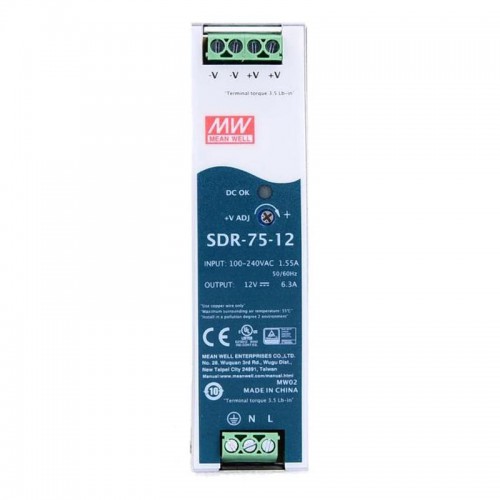 MeanWell® SDR-75-12 75.6W 12VDC 6.3A 115/230VAC DINレール電源