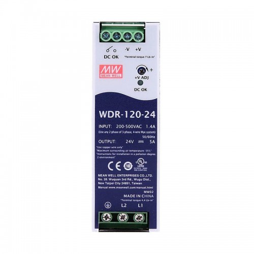 MeanWell® WDR-120-24 120W 24VDC 5A 180~550VAC DINレール電源