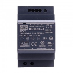 MeanWell® HDR-60-24 60W 24VDC 2.5A 115/230VAC 超スリムなステップ形状 DINレール電源