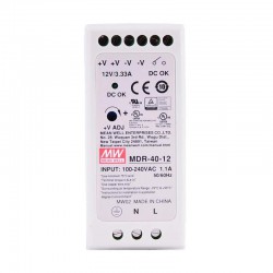 MeanWell® MDR-40-12 40W 12VDC 3.33A 115/230VAC DINレール電源