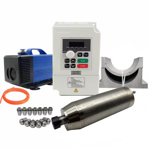5.5KW 220V/380V 水冷式スピンドルモーターキット JGD-125-ER32 + H100-5.5 可変周波数ドライブ + ウォーターポンプ + ER32コレット13個 + ブラケット
