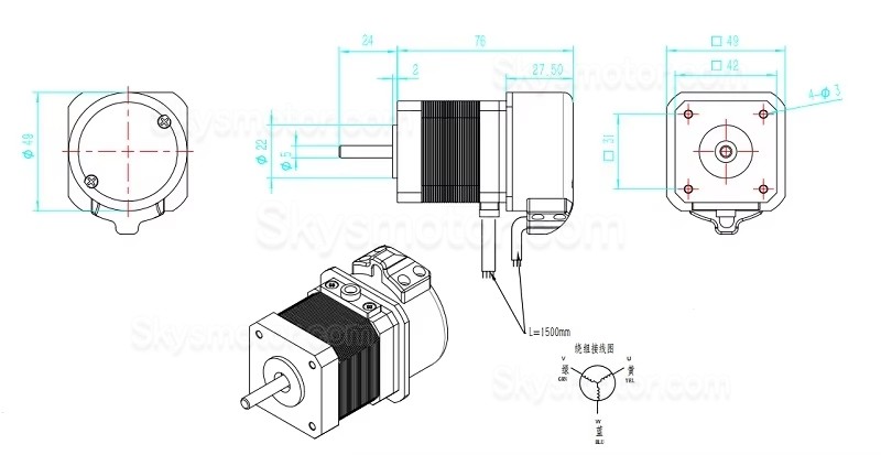 64W 24V DC サーボモーター 42JSF330AS 1.56A 0.2N.m 3000 RPM 42 x 42mm 1000ラインエンコーダ付き