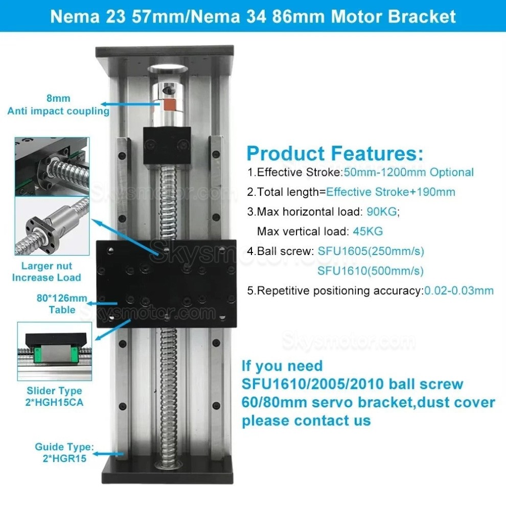 ヘビーデューティーリニア ガイド ベアリング SXG80&times;120 CNCボールねじリニアスライドテーブル Nema23/34モーター対応