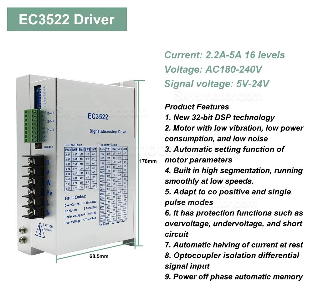 3相ステッピングモータードライバー EC3522 2.2-5A 110&ndash;220 VAC、Nema34 86mmステッピングモーター用