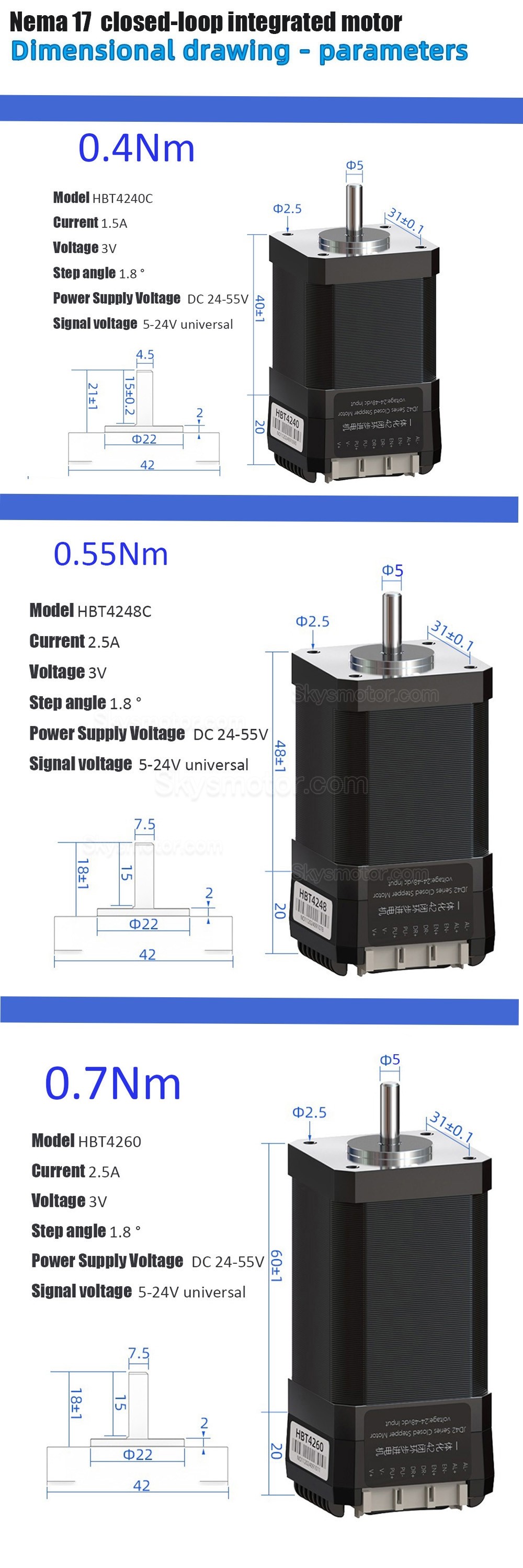 Nema 17 一体型クローズドループステッピングモーター HBT42 シリーズ 0.4Nm/0.55Nm/0.7Nm、ドライブ 1000 ラインエンコーダ付き