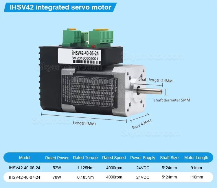 Nema 17 一体型AC サーボモーター 24V JMC iHSV42-40-07-24 78W 0.185N.m 52000RPM 42 x 42mm