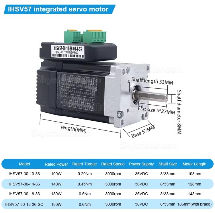 Nema 23 一体型AC サーボモーター 36V JMC iHSV57-30-10-36 100W 0.29N.m 3.5A 3相 3000RPM