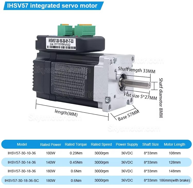 Nema 23 一体型 AC サーボ モーター 36V JMC iHSV57-30-14-36 140W 0.45N.m 5.4A 3相 3000RPM
