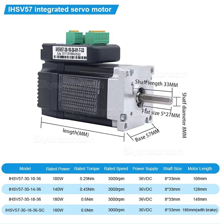 Nema 23 一体型イージーサーボモーター JMC iHSV57-30-18-36-21-38-SC 180W 36V 0.65N.m 3相 3000RPM ブレーキ付き