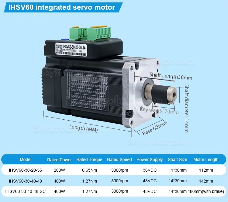 Nema 23 一体型サーボモータ、集積式AC サーボモーター JMC iHSV60-30-40-48-SC 400W 48V 1.27N.m 3相 3000RPM ブレーキ付き