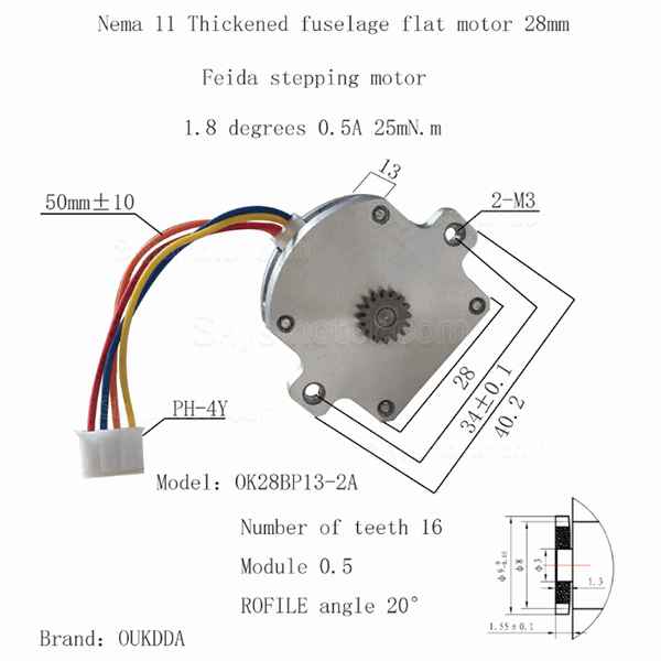 Nema 11 扁平薄型キステッピングモーター OK28BP13-2A​​ 2相 1.8度 2.5Ncm 4線