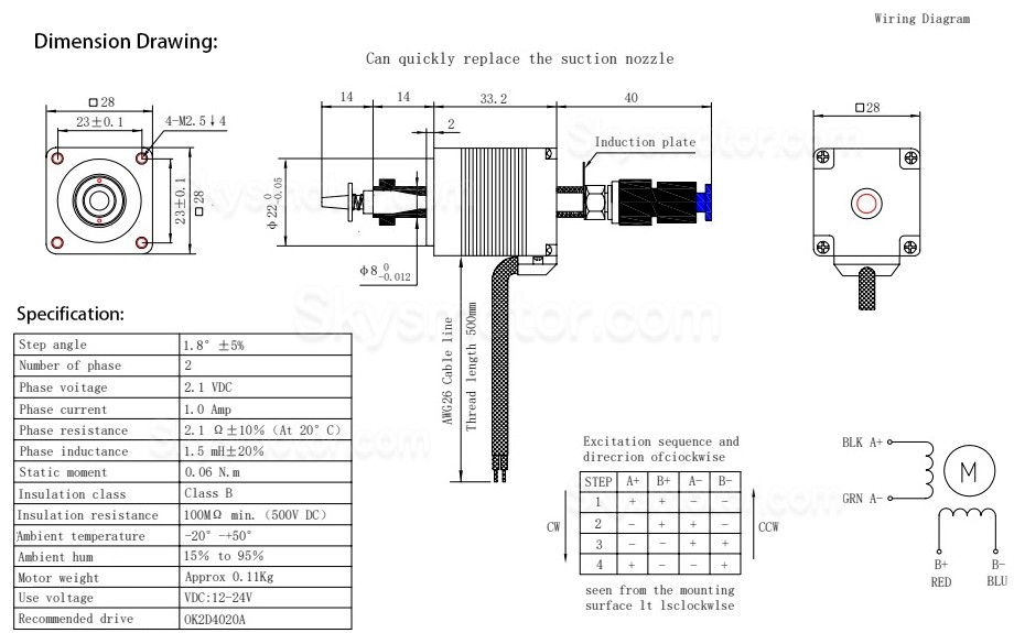 Oukeda Nema 11 ステッピングモーター OK28FD33DL-ZC-SX 1.8度 6Ncm 2相 (SMT 実装機用) クッションノズル付き