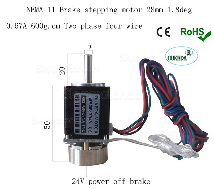 NEMA11 ステッピングモーター OK28STH32-0674A-SC 1.8度 5.88Ncm 3.75V 0.67A 2相 ブレーキ付き