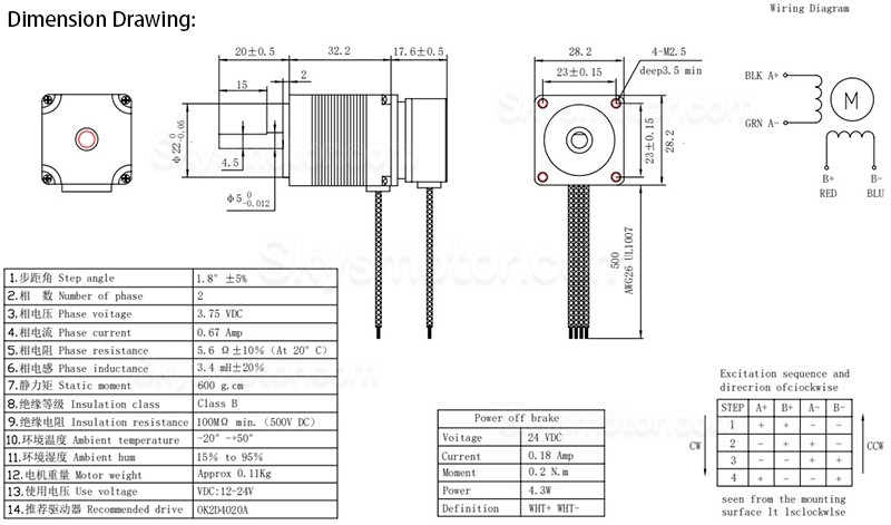 NEMA11 ステッピングモーター OK28STH32-0674A-SC 1.8度 5.88Ncm 3.75V 0.67A 2相 ブレーキ付き