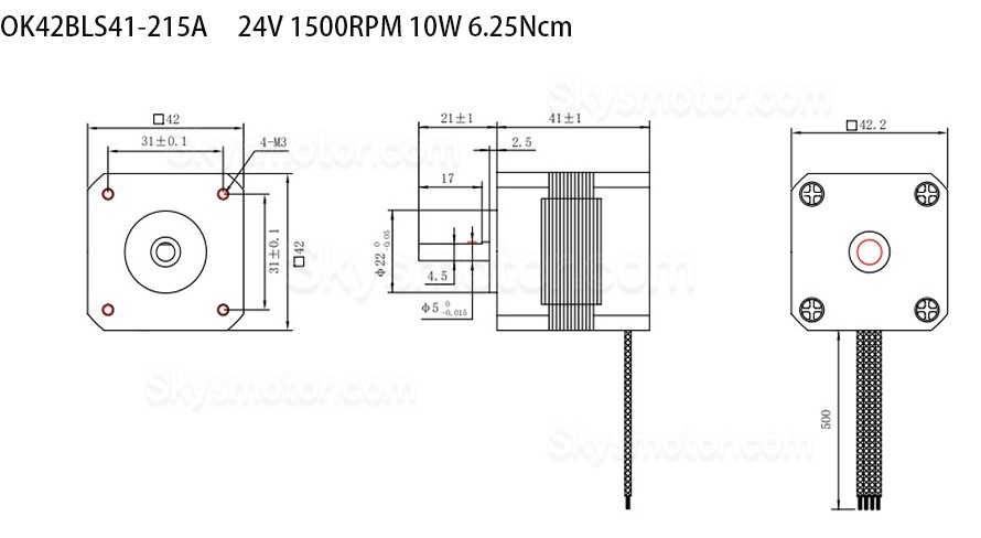 24V ブラシレスDCモーター OK42BLS 6.25Ncm-18.5Ncm 1500RPM/4000RPM 3相 42x42x61mm