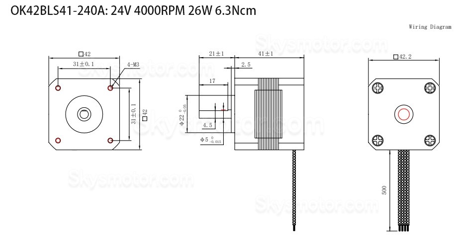 24V ブラシレスDCモーター OK42BLS 6.25Ncm-18.5Ncm 1500RPM/4000RPM 3相 42x42x61mm