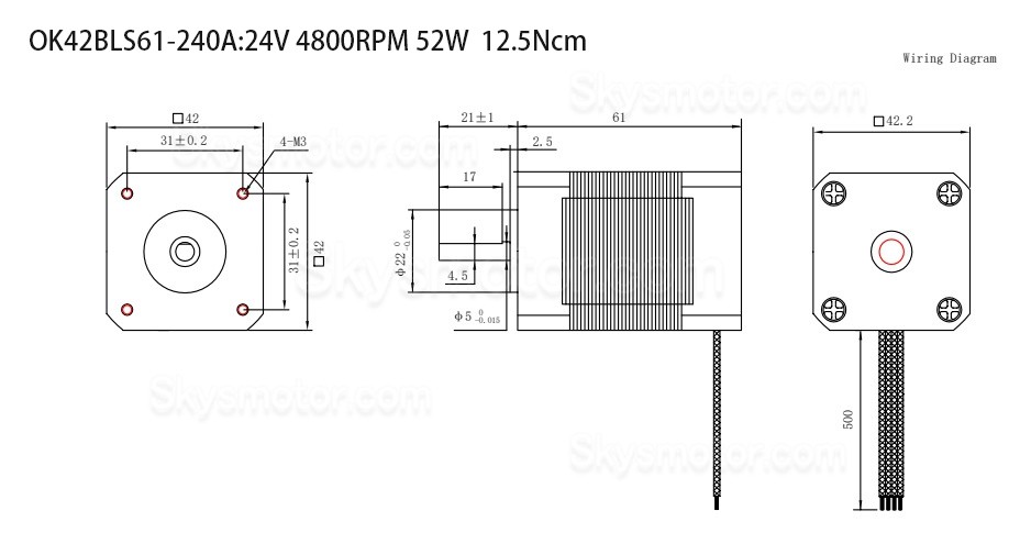 24V ブラシレスDCモーター OK42BLS 6.25Ncm-18.5Ncm 1500RPM/4000RPM 3相 42x42x61mm