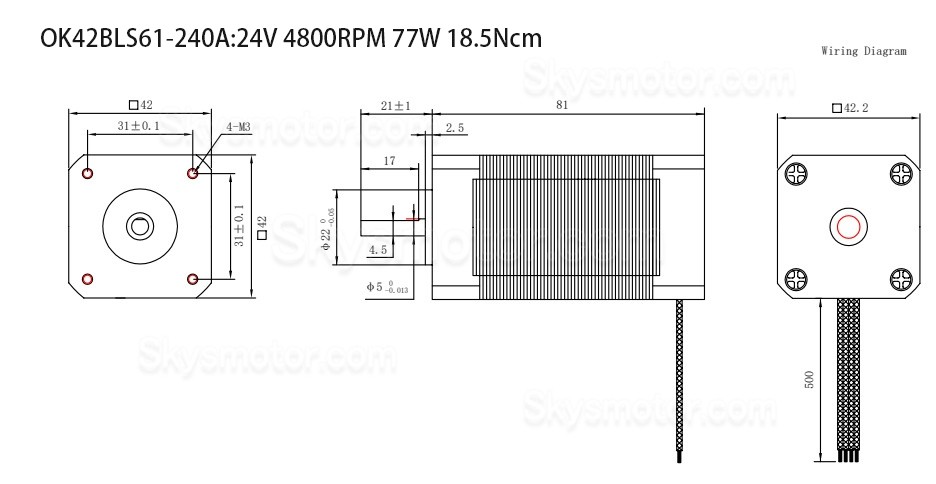 24V ブラシレスDCモーター OK42BLS 6.25Ncm-18.5Ncm 1500RPM/4000RPM 3相 42x42x61mm