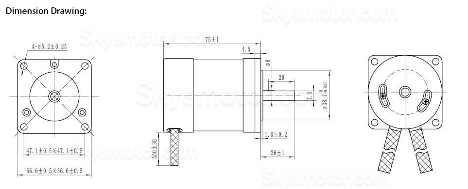 24V ブラシレスDCモーター BLDCモーター OK57BLS75-230 2相 22Ncm 3000RPM 56.6x56.6x75mm
