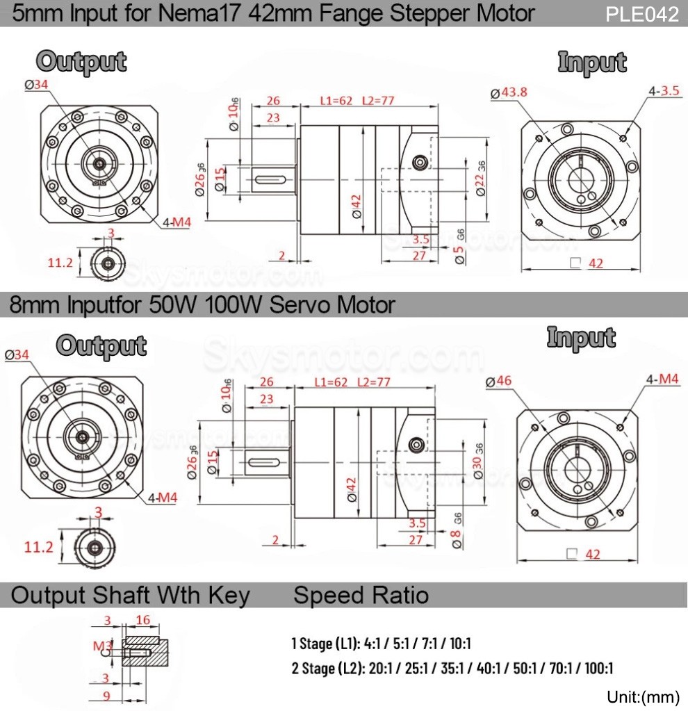 PLE042シリーズ Nema 17 遊星ギアボックス ギア比 4:1 - 100:1 NEMA17 ステッピングモーター / 40mm サーボモーター 50W 100W