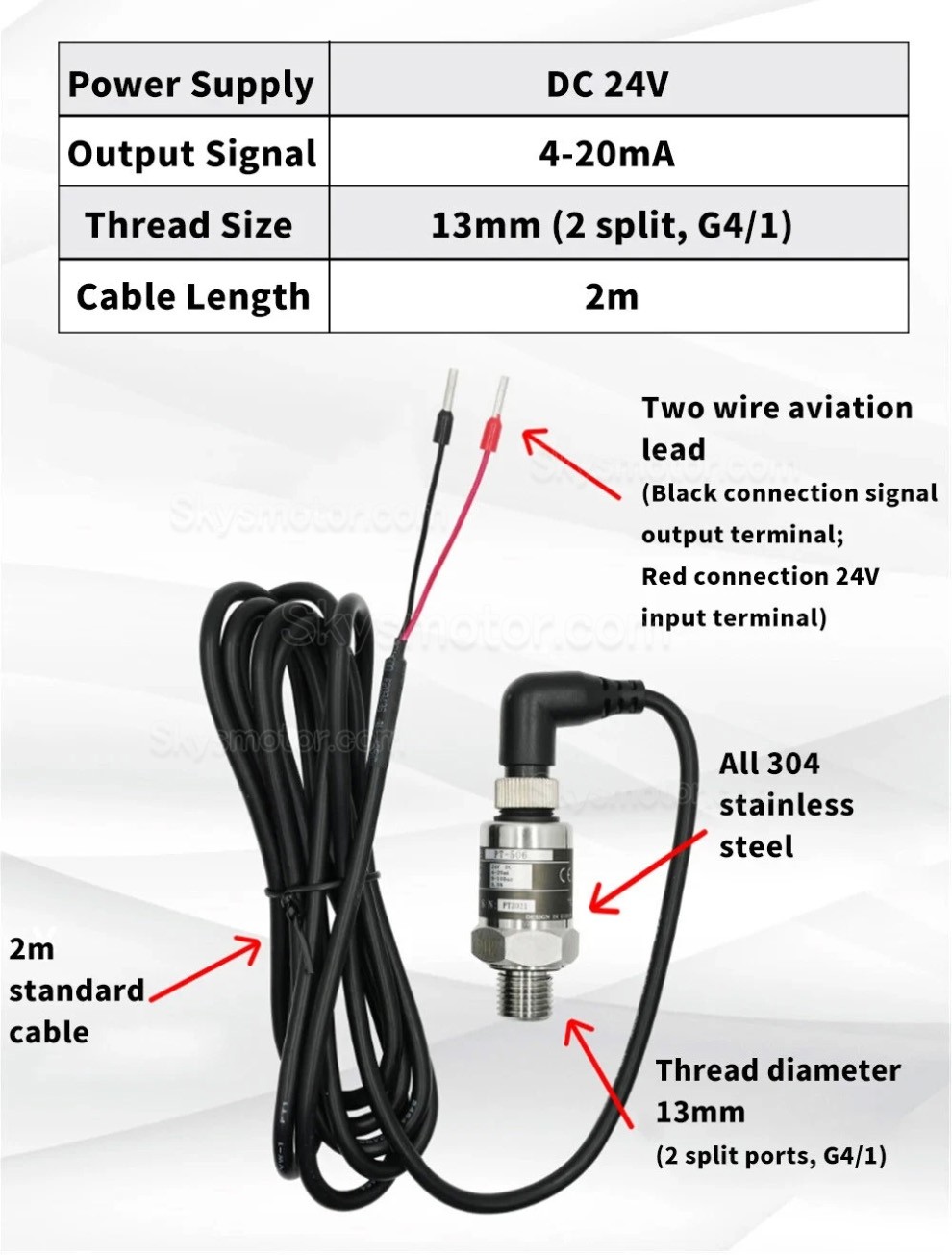 PT506 24V IP68 G1/4 圧力トランスデューサー(ケーブル付き、水・ガス・油圧用) PT506 24V IP68 G1/4 圧力トランスデューサー(ケーブル付き、水・ガス・油圧用)