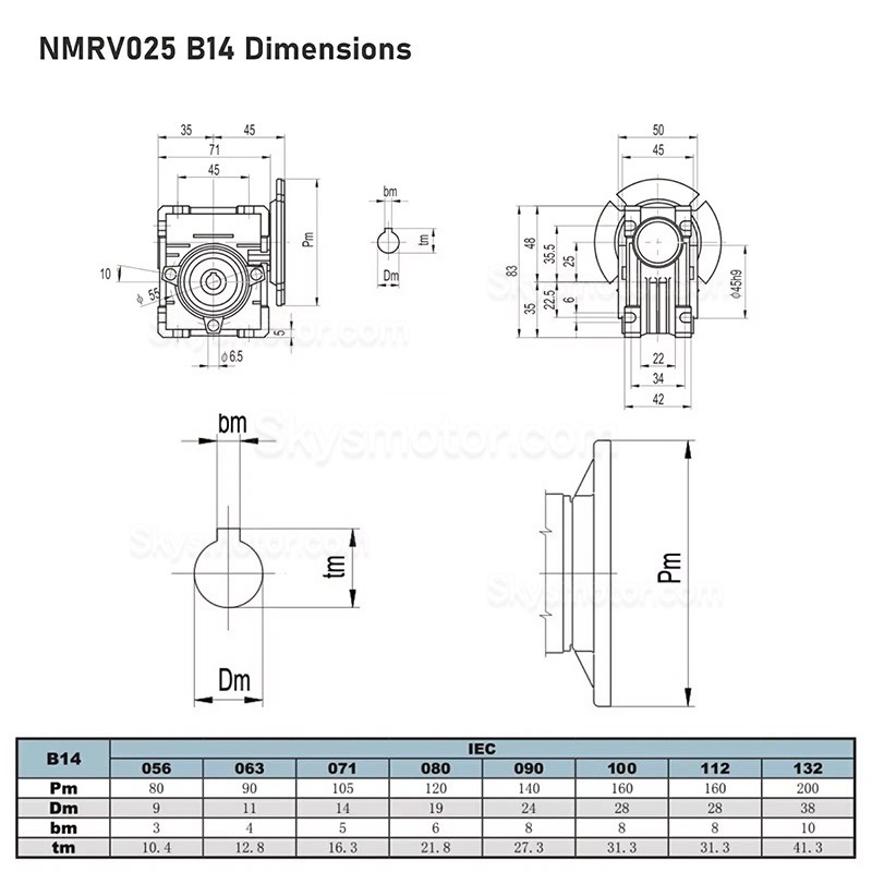 NMRV025 56B14 丸型ウォームギアボックス減速機 ギア比 10:1/20:1/30:1/40:1/50:1/60:1 入力ボア 9mm