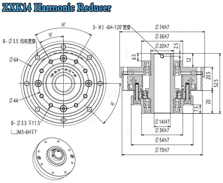 ZXK シリーズ 中空タイプ ハーモニック減速機ギア比 30:1/50:1/80:1/100:1/120:1/160:1 バックラッシュ30秒角 ZXK シリーズ 中空タイプ ハーモニック減速機ギア比 30:1/50:1/80:1/100:1/120:1/160:1 バックラッシュ30秒角